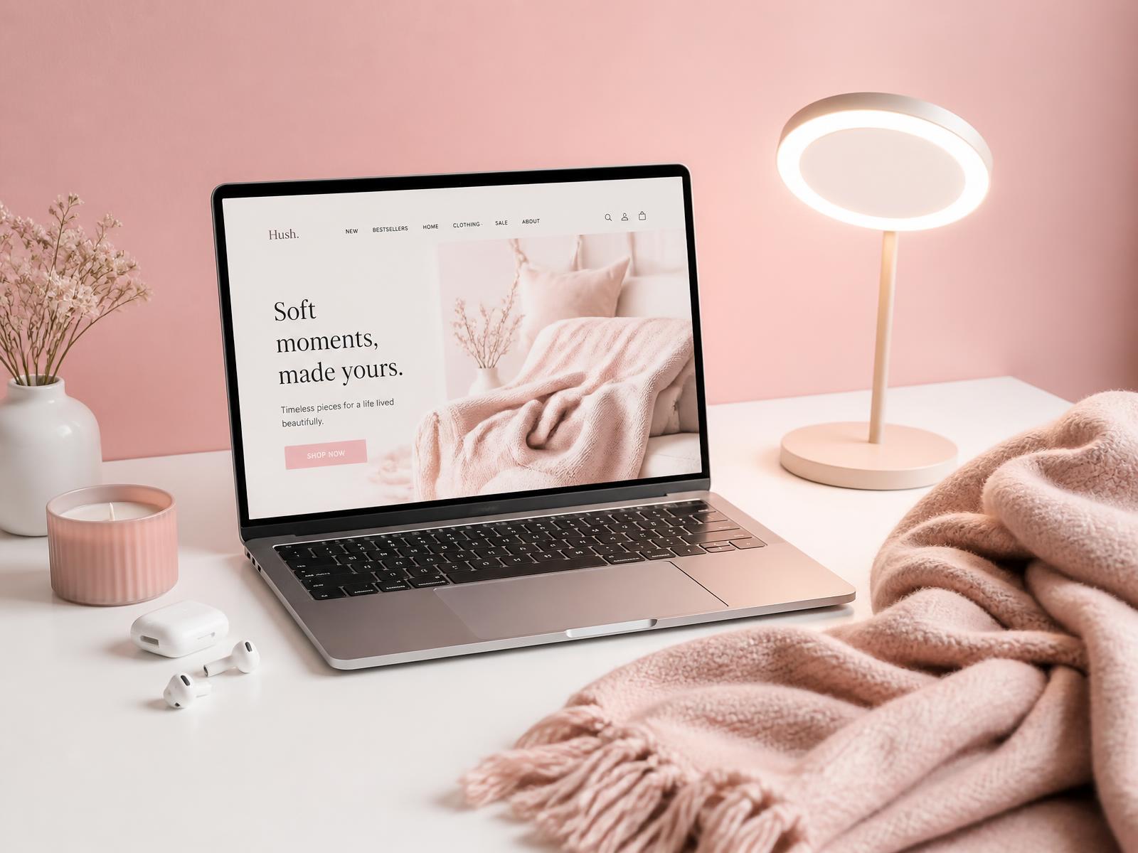 Pink and white styled desk with a laptop, earbuds, throw blanket, and halo lamp